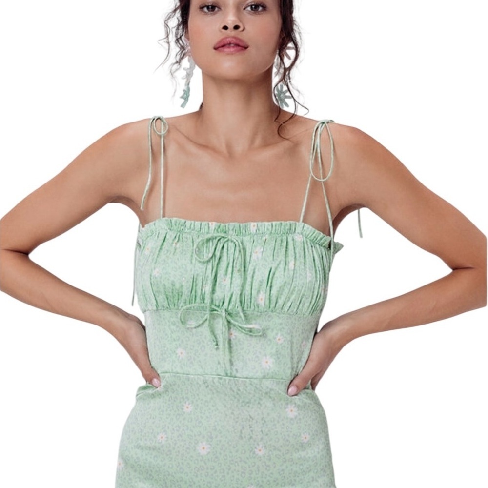 For Love & Lemons Robin Satin Cheetah Midi Dress in Mint Green Size 8/10 - Picture 4 of 16